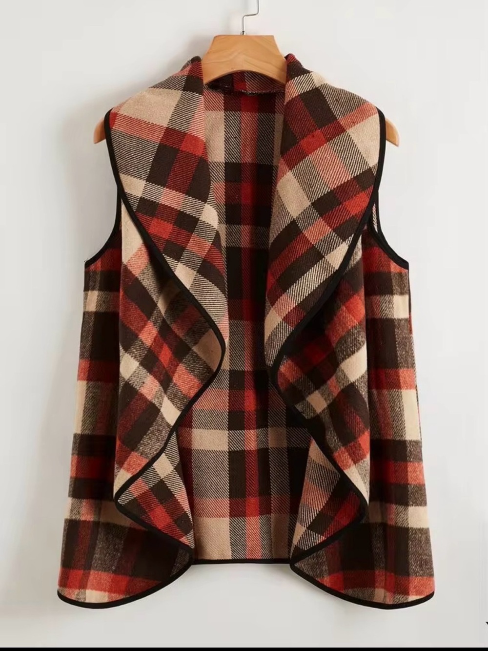 Plaid Draped Sleeveless Vest in Red, Brown & Cream